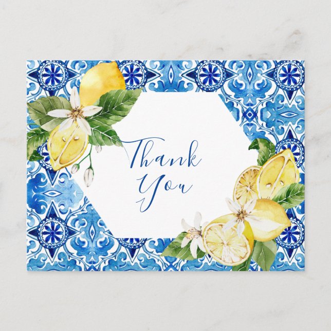 Mediterranean Lemon floral tile Thank You post car Postcard (Front)