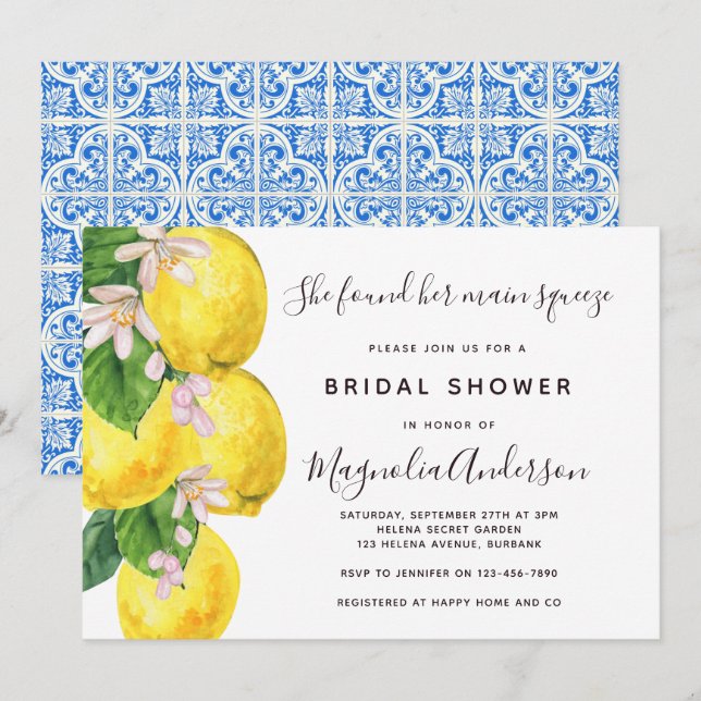 Mediterranean Lemon Main Squeeze Bridal Shower Invitation (Front/Back)