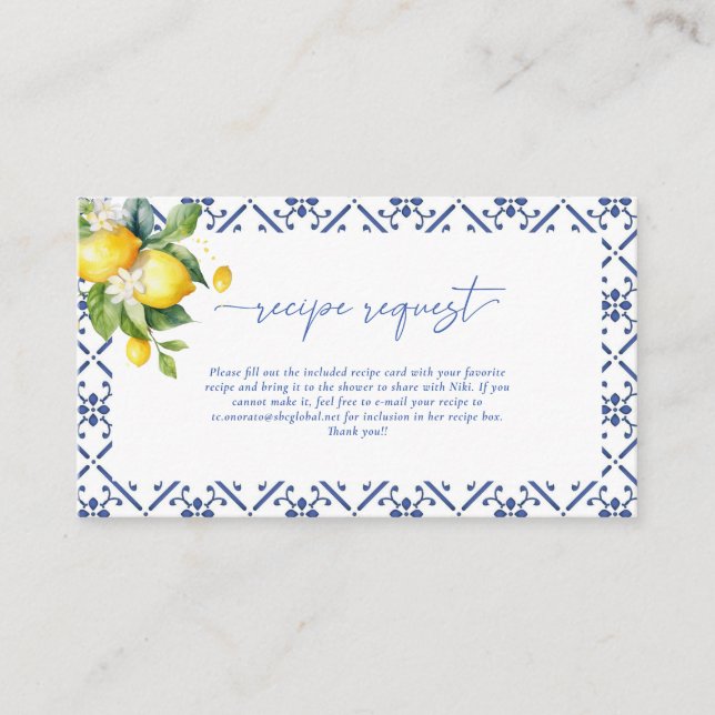 Mediterranean Lemon Recipe Request Bridal Shower Enclosure Card (Front)