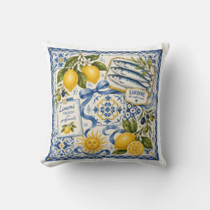 Mediterranean Lemon Sardine Tile Throw Pillow