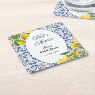 Mediterranean Lemon That's Amore Bridal Shower Square Paper Coaster