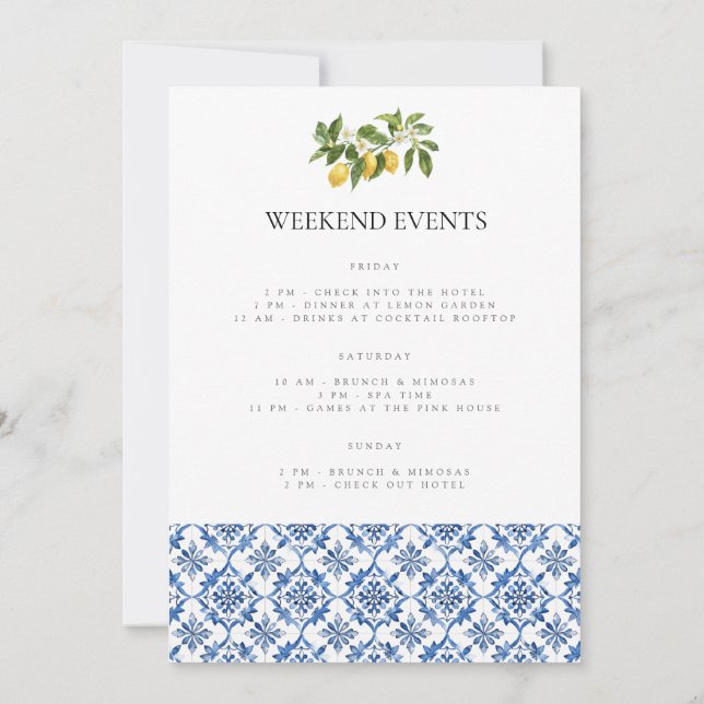 Mediterranean Lemon Tile Bachelorette Weekend Card (Back)