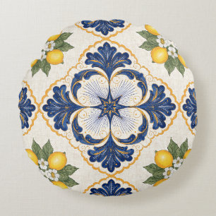 Mediterranean Lemon Tile Italian Talavera Round Pillow