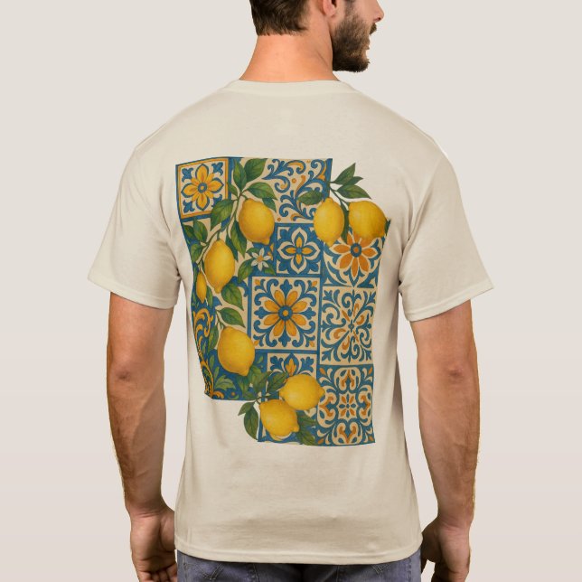 Mediterranean Lemon Tile Pattern - Coastal Design T-Shirt (Back)