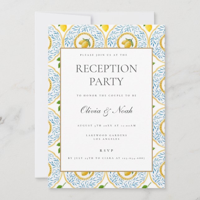 Mediterranean Lemon Tile Reception Invitation Card (Front)