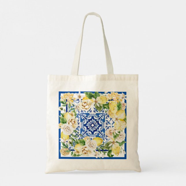 Mediterranean Lemon Tile Tote Bag | Blue & Yellow  (Back)