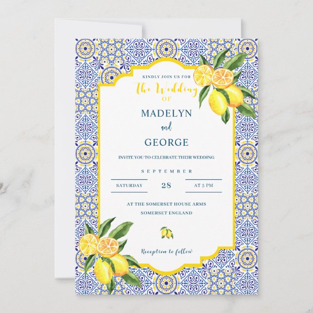 Mediterranean Lemon Tile Wedding Invitation (Front)