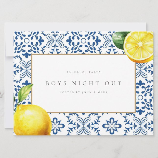 Mediterranean Lemon Tiles Bachelor Party Card (Front)