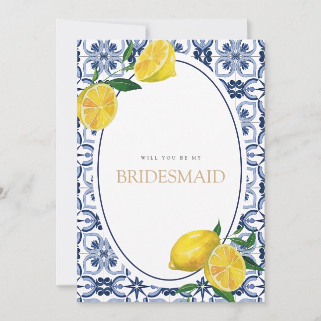 Mediterranean Lemon Tiles Bridesmaid Proposal Card (Front)