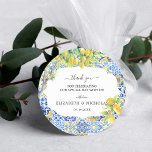 Mediterranean Lemon Tiles | Wedding Favour Classic Round Sticker<br><div class="desc">Add a special touch to envelopes, goodie bags, handmade treats, and more with our elegant lemon tile stickers. Add your custom wording to this design by using the "Edit this design template" boxes on the right hand side of the item, or click the blue "Customize it" button to arrange the...</div>