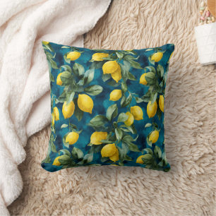 Mediterranean Lemon Watercolor Blue Yellow Pattern Throw Pillow