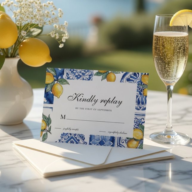 Mediterranean Lemon Wedding Blue Tile  RSVP Card (Creator Uploaded)