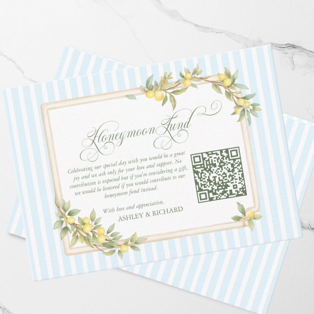 Mediterranean Lemon Wedding Honeymoon Fund QR Code Enclosure Card (elegant coastal mediterranean lemon honeymoon fund QR code wedding invitation enclosure cards)