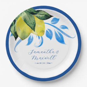 Mediterranean Lemon Wedding Table Decor Blue Paper Plate