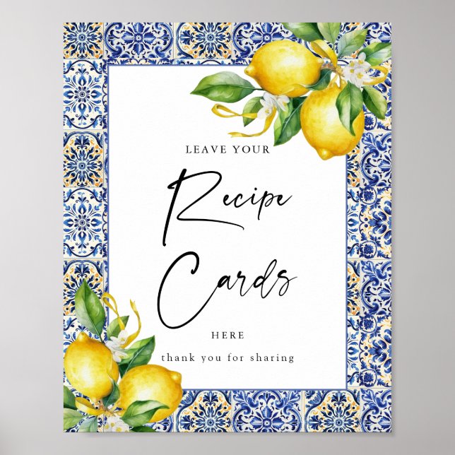 Mediterranean LemonaBridal Shower Recipe Card Sign (Front)