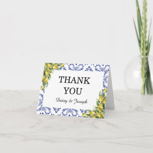 Mediterranean Lemons Blue Mosaic Tile Wedding Thank You Card