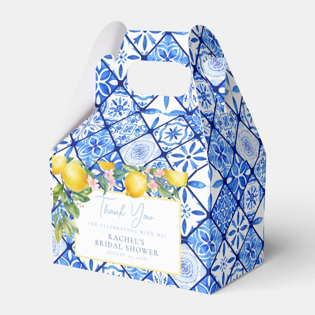 Mediterranean Lemons Blue Tiles Bridal Shower Favor Box (Front Side)