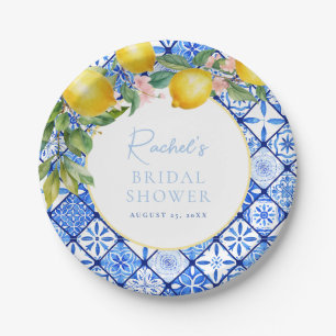 Mediterranean Lemons Blue Tiles Bridal Shower Paper Plate