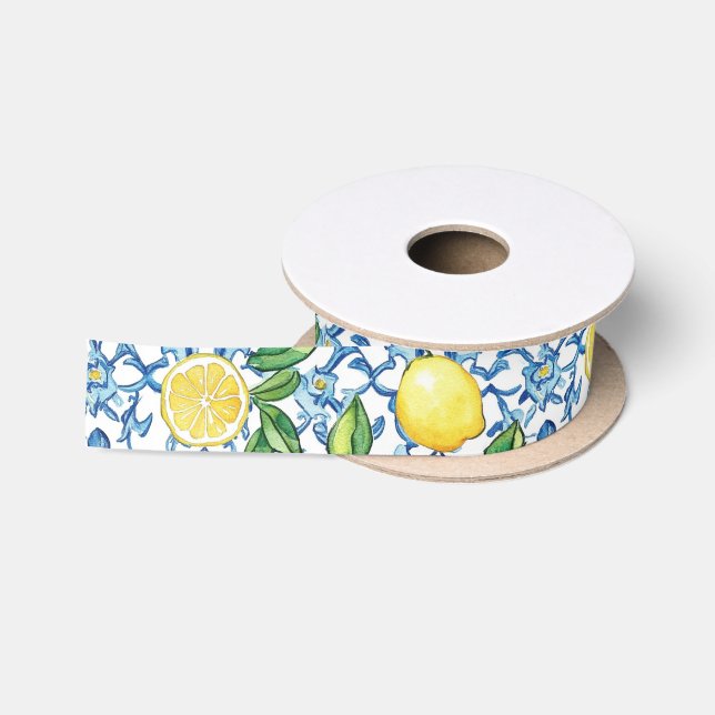Mediterranean Lemons Blue Tiles Satin Ribbon (Spool)