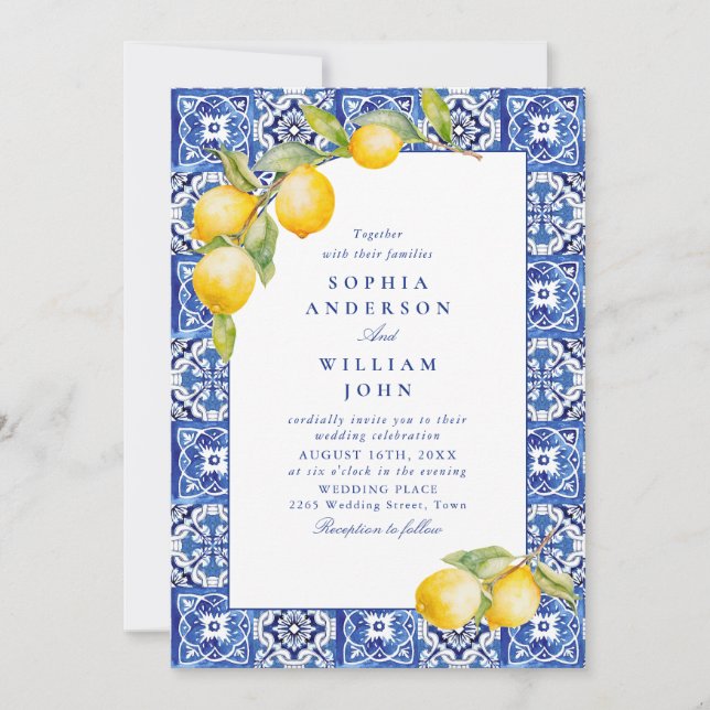 Mediterranean Lemons Blue Tiles Wedding Invitation (Front)
