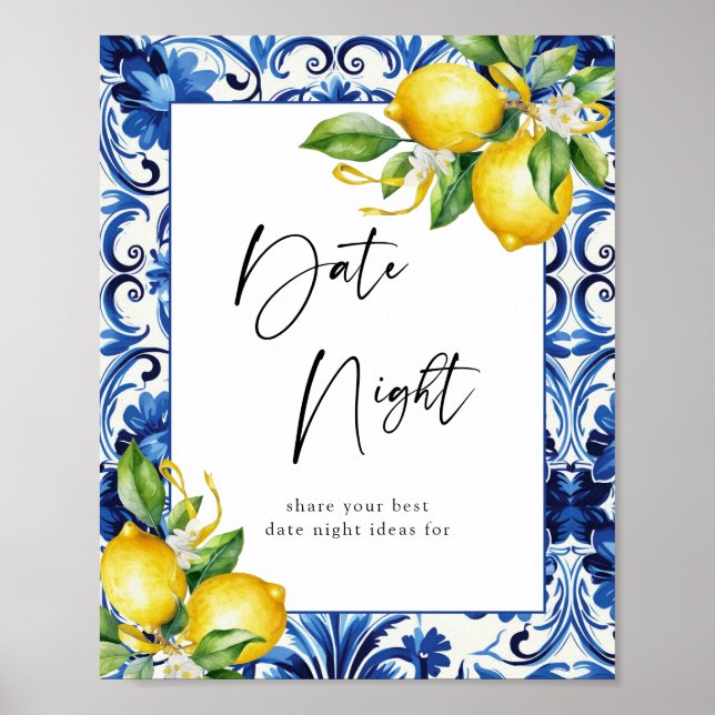 Mediterranean Lemons Bridal Shower Date Night Sign (Front)