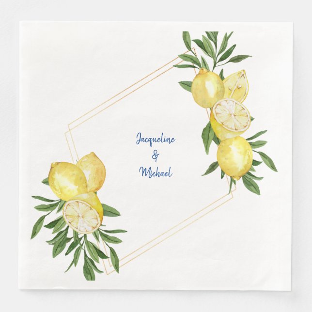 Mediterranean Lemons & Cobalt Blue Text Dinner  Napkin (Front)