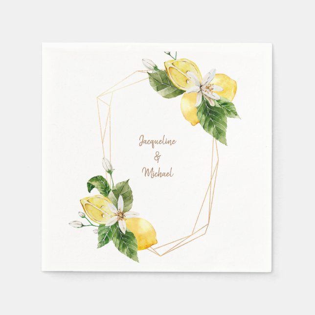 Mediterranean Lemons Gold Text Cocktail Napkin (Front)