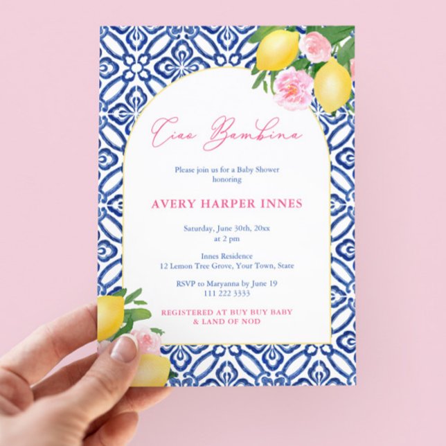 Mediterranean Lemons Pink Girl Baby Shower Invitation (Ciao Bambina! Pretty blue and pink citrus inspired girl baby shower invitation with trendy arch)