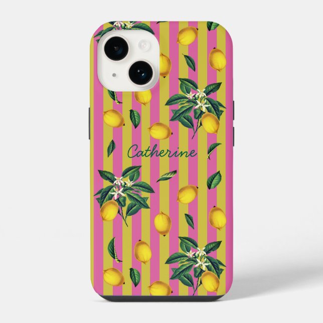 Mediterranean Lemons Pink Yellow Stripes Name iPhone Case (Back)