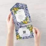 Mediterranean Lemons Portuguese Tiles Wedding All In One Invitation<br><div class="desc">Hand painted traditional tiles from Portugal design with Mediterranean lemons. Azulejo blue and white floral leaf tile artwork. A beautiful Mediterranean design depicting yellow lemons with their greenery and blossoms against a blue and white vintage Portuguese pattern. The wedding text is elegantly framed with a white geometric shape. Unique Azulejo...</div>