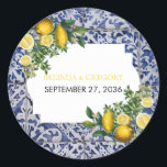 Mediterranean Lemons Portuguese Tiles Wedding  Classic Round Sticker<br><div class="desc">Hand painted traditional tiles from Portugal design with Mediterranean lemons. Azulejo blue and white floral leaf tile artwork. A beautiful Mediterranean design depicting yellow lemons with their greenery and blossoms against a blue and white vintage Portuguese pattern. The wedding text is elegantly framed with a white geometric shape. Unique Azulejo...</div>