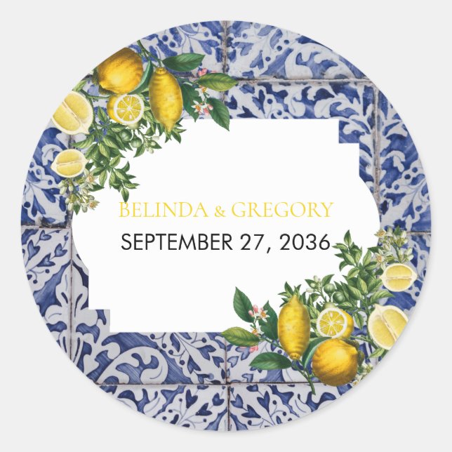 Mediterranean Lemons Portuguese Tiles Wedding  Classic Round Sticker (Front)