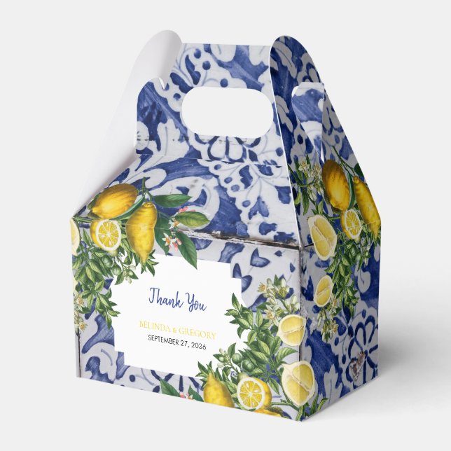 Mediterranean Lemons Portuguese Tiles Wedding  Favor Box (Front Side)