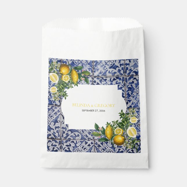 Mediterranean Lemons Portuguese Tiles Wedding  Favour Bag (Front)