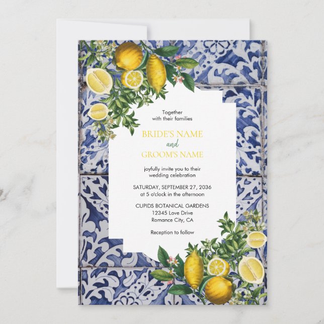 Mediterranean Lemons Portuguese Tiles Wedding Invitation (Front)