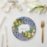 Mediterranean Lemons Portuguese Tiles Wedding  Paper Plate<br><div class="desc">Hand painted traditional tiles from Portugal design with Mediterranean lemons. Azulejo blue and white floral leaf tile artwork. A beautiful Mediterranean design depicting yellow lemons with their greenery and blossoms against a blue and white vintage Portuguese pattern. The wedding text is elegantly framed with a white geometric shape. Unique Azulejo...</div>