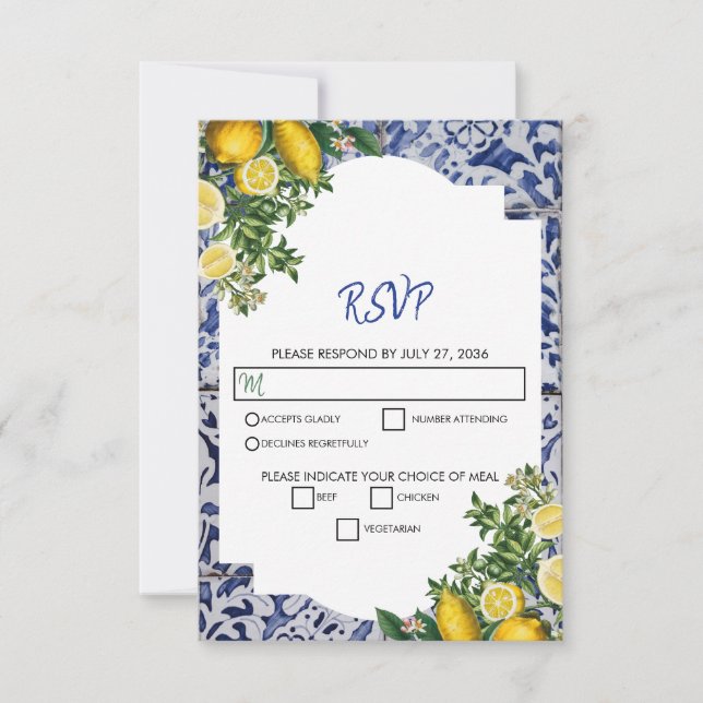 Mediterranean Lemons Portuguese Tiles Wedding   RSVP Card (Front)