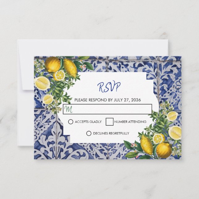 Mediterranean Lemons Portuguese Tiles Wedding  RSVP Card (Front)