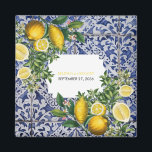 Mediterranean Lemons Portuguese Wedding Favour Magnet<br><div class="desc">Hand painted traditional tiles from Portugal design with Mediterranean lemons. Azulejo blue and white floral leaf tile artwork. A beautiful Mediterranean design depicting yellow lemons with their greenery and blossoms against a blue and white vintage Portuguese pattern. The wedding text is elegantly framed with a white geometric shape. Unique Azulejo...</div>
