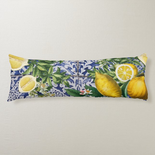 Mediterranean Lemons Summer Portuguese Tiles Body Pillow (Front)