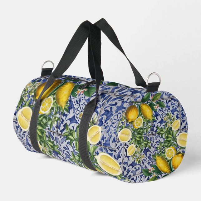 Mediterranean Lemons Summer Portuguese Tiles Duffle Bag (Left Corner)