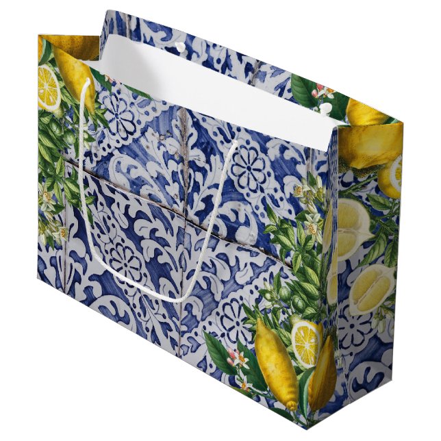 Mediterranean Lemons Summer Portuguese Tiles   Large Gift Bag (Front Angled)