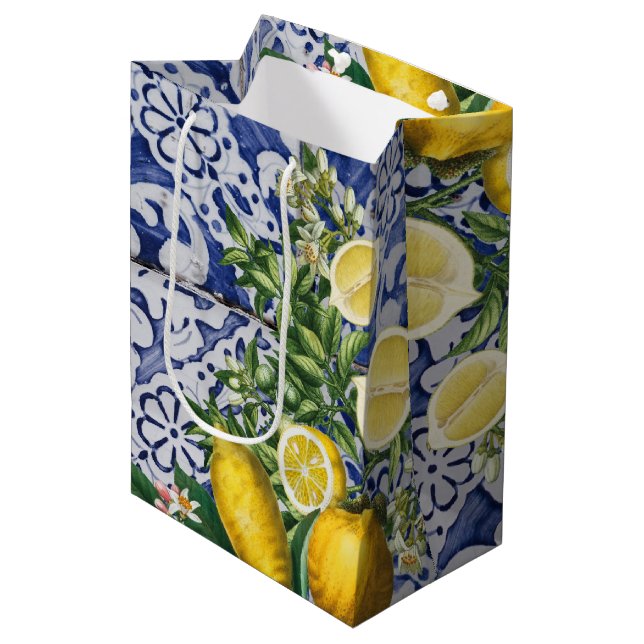 Mediterranean Lemons Summer Portuguese Tiles Medium Gift Bag (Front Angled)