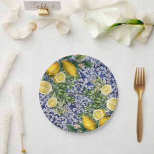 Mediterranean Lemons Summer Portuguese Tiles Paper Plate