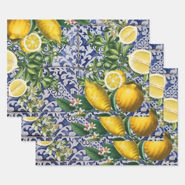 Mediterranean Lemons Summer Portuguese Tiles Wrapping Paper Sheet (Set)