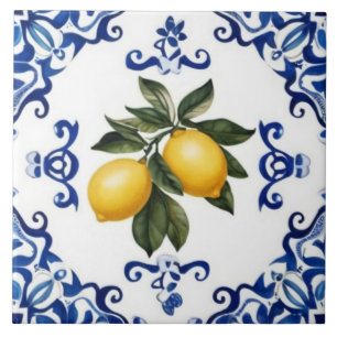 Mediterranean Lemons with Blue and White Border Tile