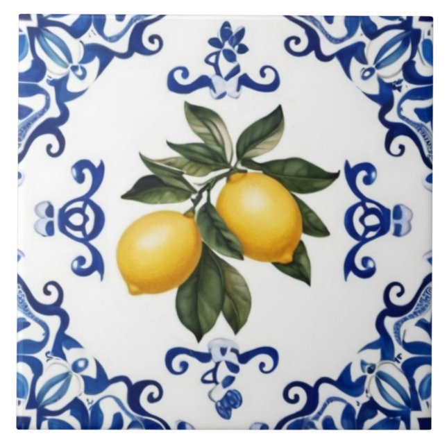 Mediterranean Lemons with Blue and White Border Tile (Front)