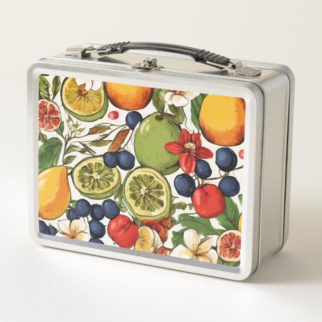 Mediterranean Limes, Lemons and Flowers. Painted Metal Lunch Box (Front)