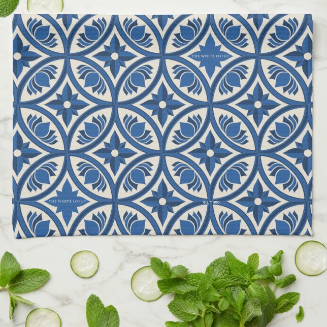 Mediterranean Lotus Tile Pattern - The White Lotus Kitchen Towel (Folded)