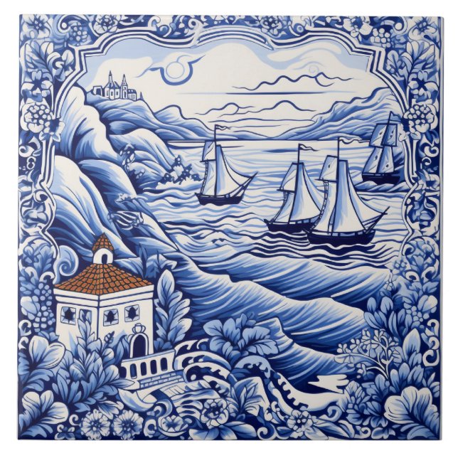 Mediterranean lovers blue white  tile (Front)